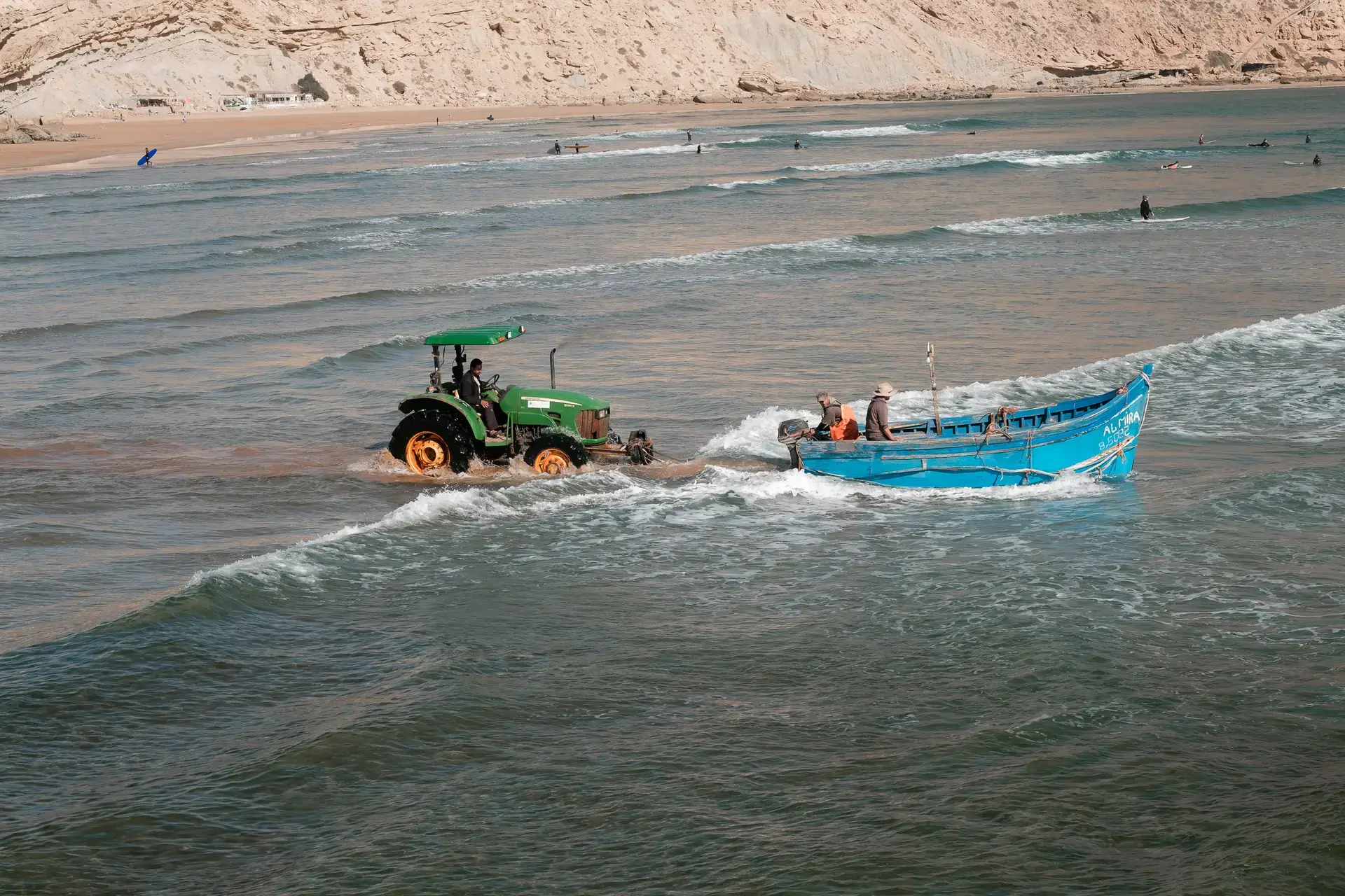 Fishing boats in Imsouane, Morocco, on Atlantic waves.